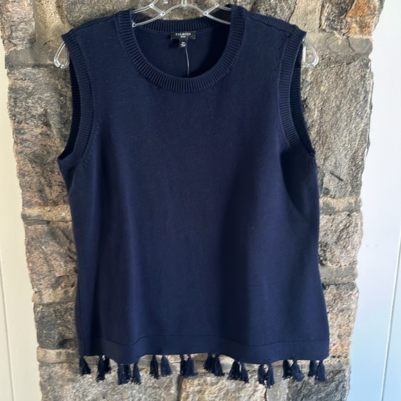 TALBOTS SIZE LP SLEEVELESS COTTON TOP WITH BOTTOM TASSELS NAVY - Picture 1 of 6